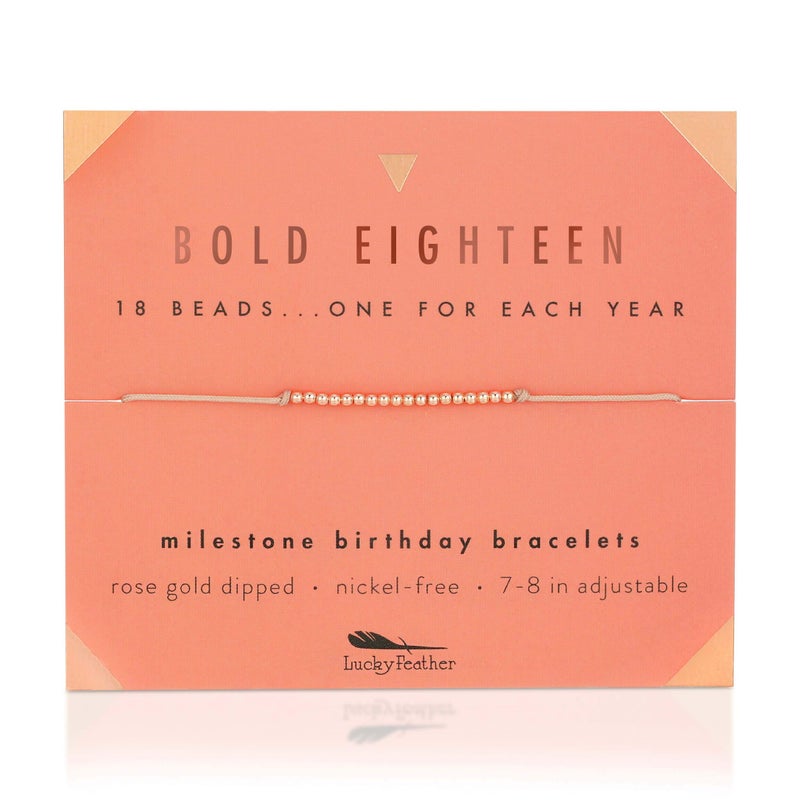 Lucky Feather Milestone 18th Birthday Gifts For Women - 14K Rose Gold Dipped Beads Bracelet on Adjustable 7â€- 8â€ Cord - Bold 18 Year Old Gifts - Image 1